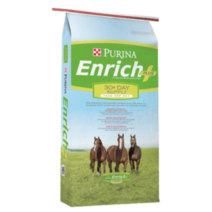 Purina Enrich Plus Ration Balancing Horse Feed. 50-lb green feed bag.