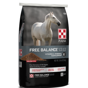 Purina Free Balance 12:12 Supplement. Silver bag with white horse.