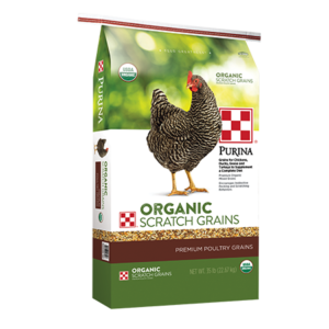 Purina Organic Scratch Grains 35-lb. Green poultry feed bag.