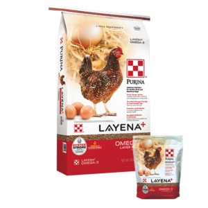 Purina Layena Plus Omega-3. Poultry bag size grouping. Red poultry feed bag.