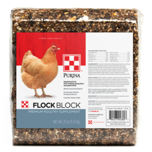 Purina Flock Block. Compressed grain block for poultry.