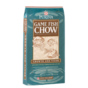 Purina Game Fish Chow. 50-lb teal feed bag.