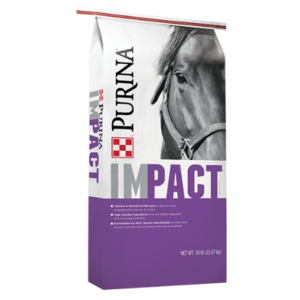 Purina Impact Horse GMX. Purple equine feed bag.
