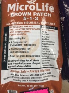 MicroLife All Organic Fertilizers. MicroLife Brown Patch 5-1-3 in brown bag.