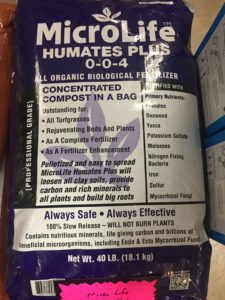 MicroLife All Organic Fertilizers. MicroLife Humates Plus 0-0-4 in dark purple bag.