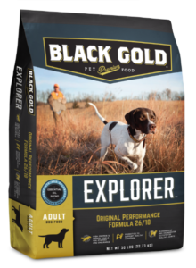 Black Gold Explorer dog food Original Performance 26/18 gives active dogs the specific nutrition they need to lead energetic lives outdoors.