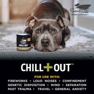 Super Snouts Chill + Out product next to dog, listing benefits