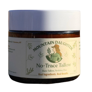 jar of Mountain Daughter No Trace Tallow Balm featuring cute illustration of girl holding herb